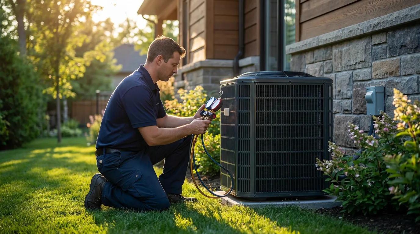 Technician checking an outdoor air conditioner condenser