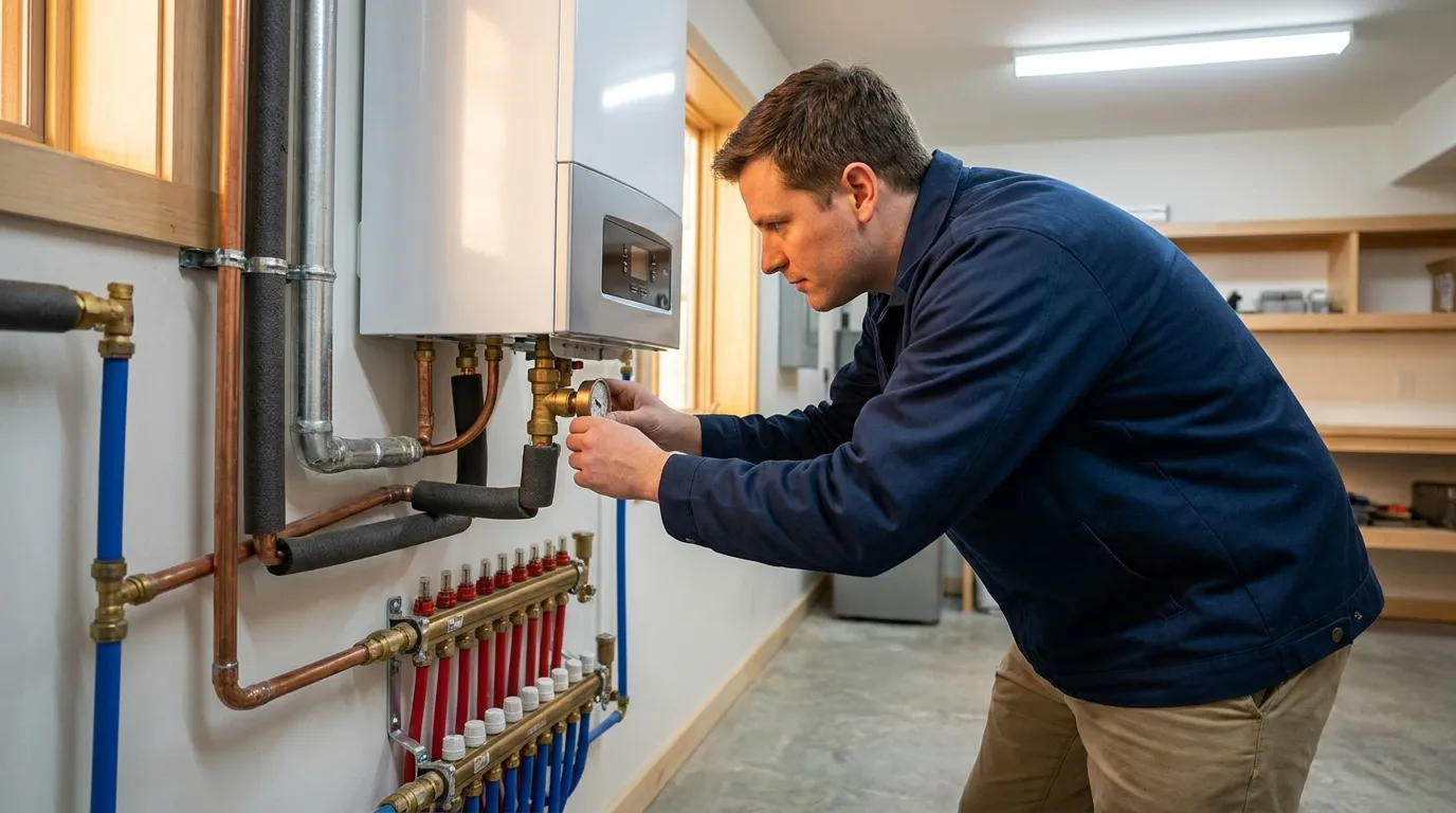 A high-efficiency boiler with hydronic piping being serviced by a technician