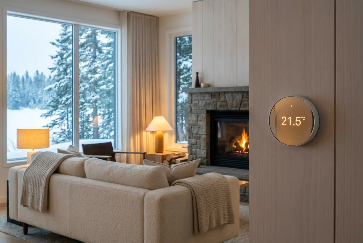 Cozy modern Barrie living room kept warm while snow falls outside