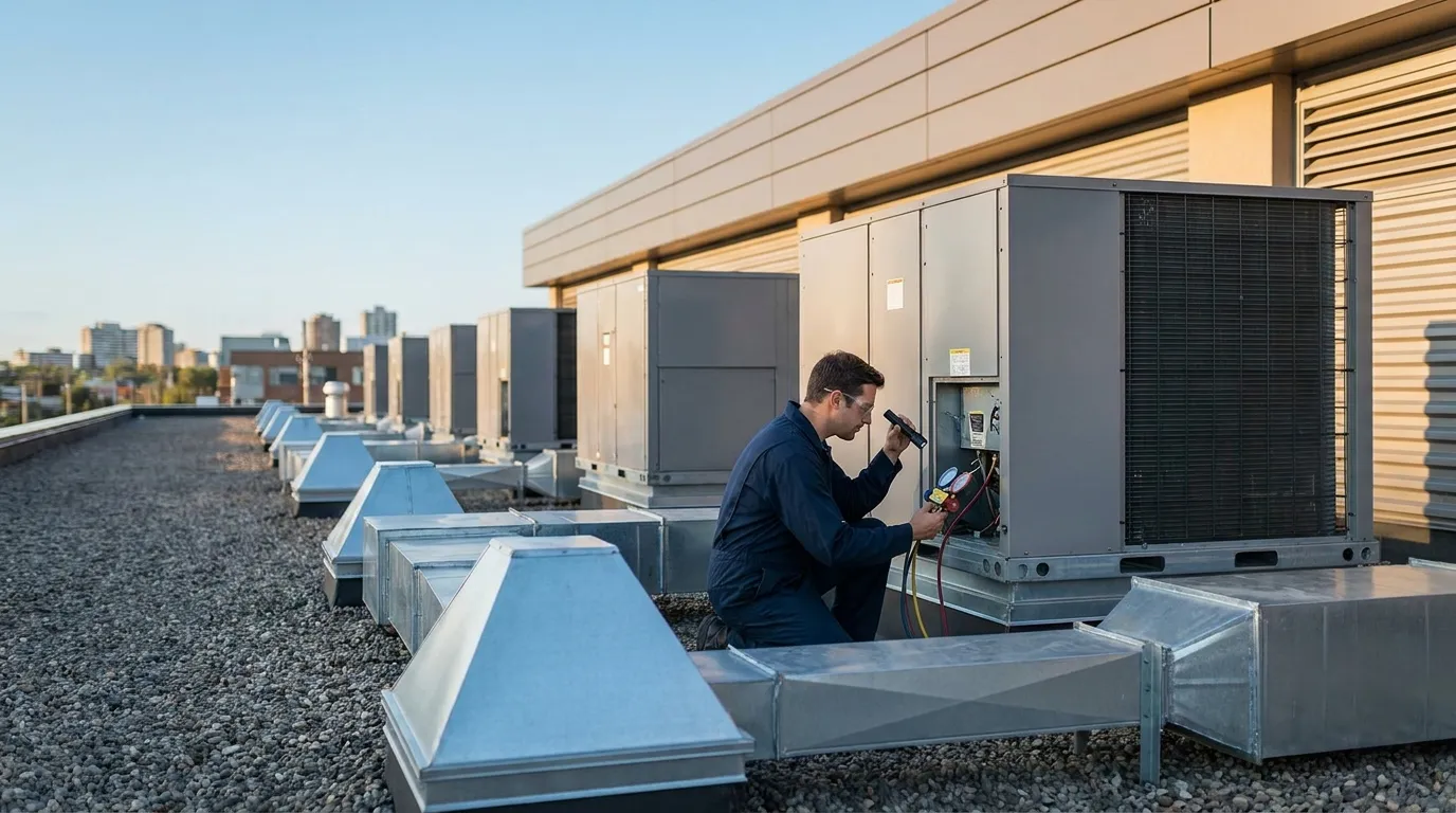 Commercial rooftop HVAC units being serviced on a Barrie building