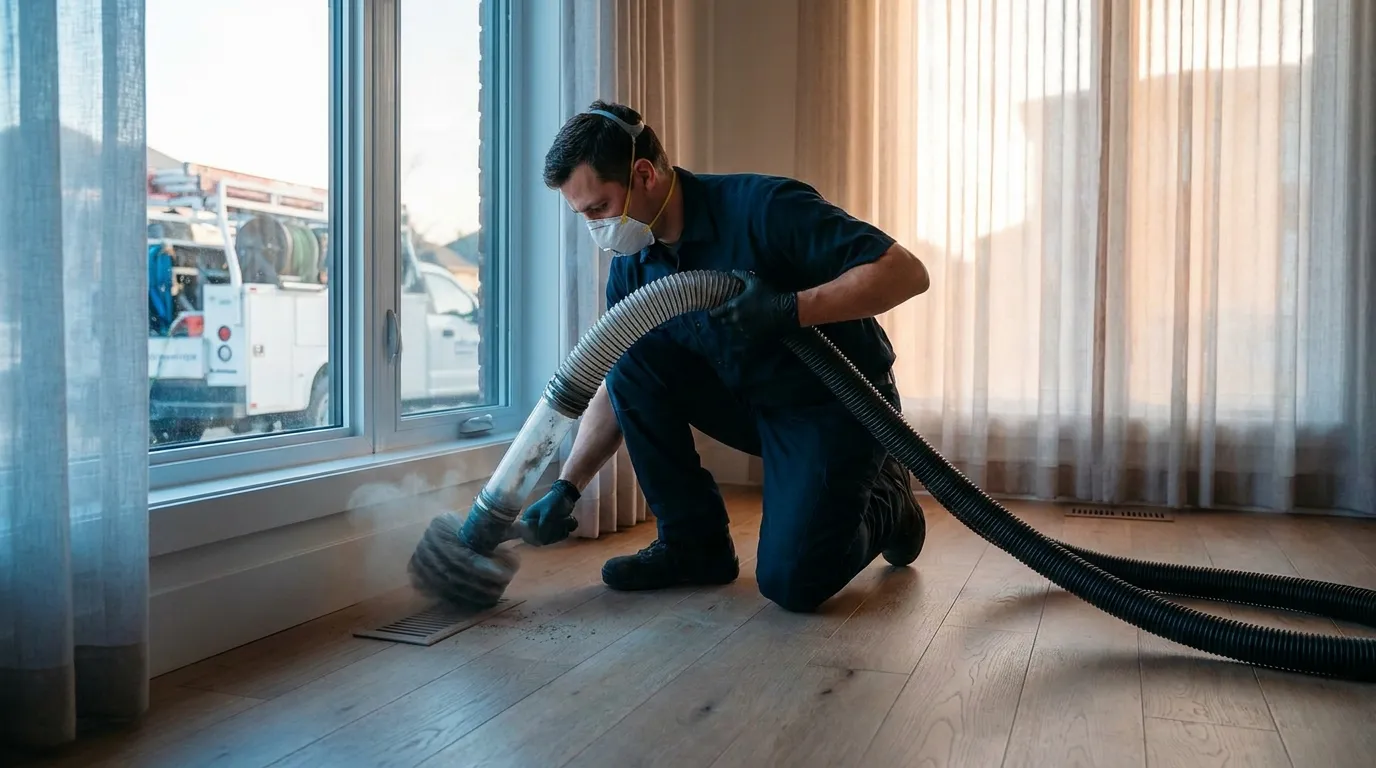 Residential air duct cleaning in progress