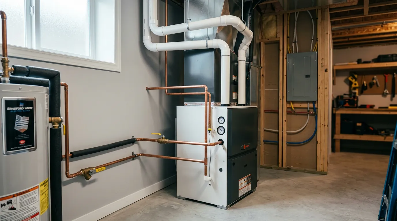 A newly installed high-efficiency furnace in a clean mechanical room