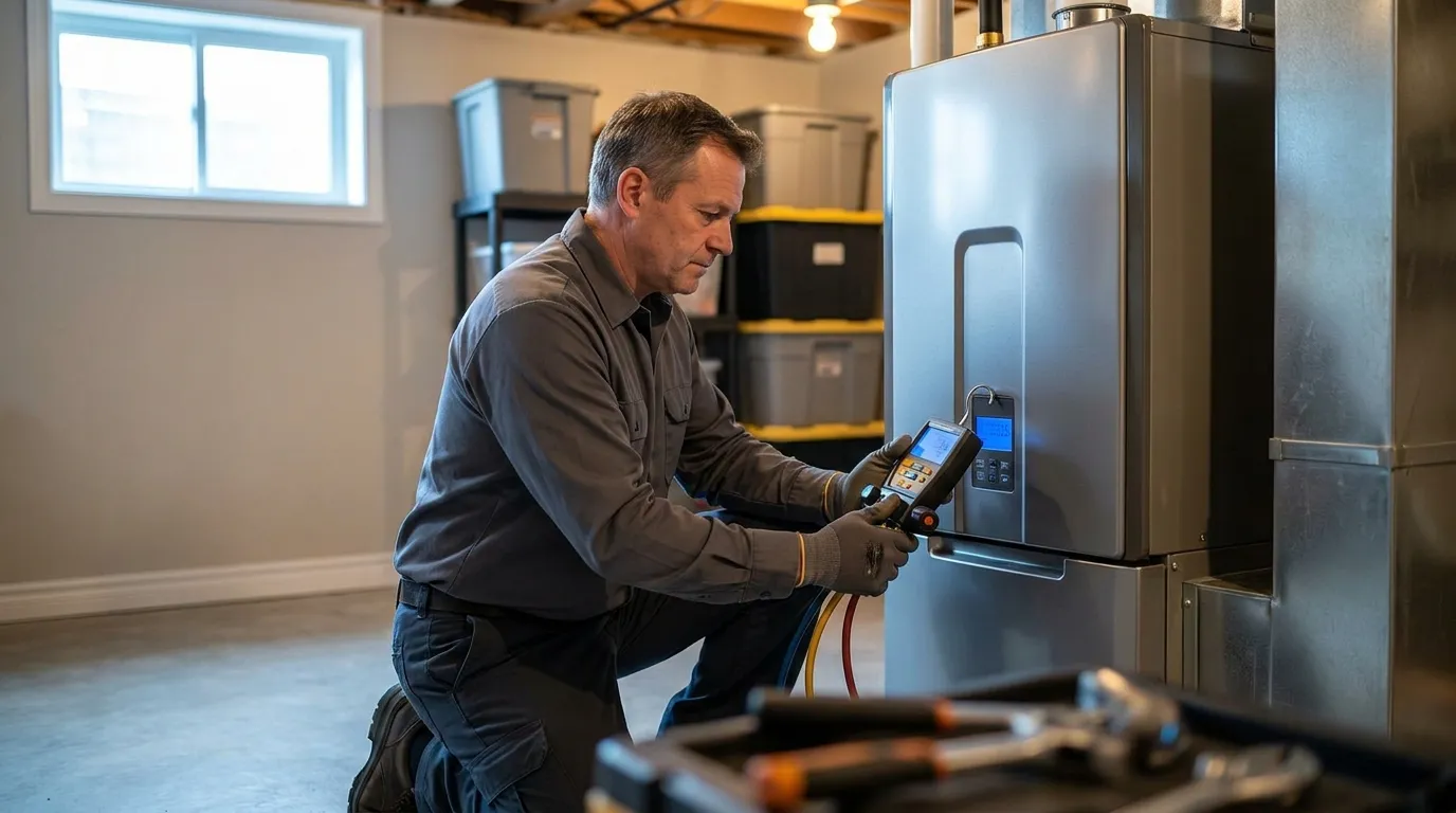 HVAC technician servicing a high-efficiency furnace