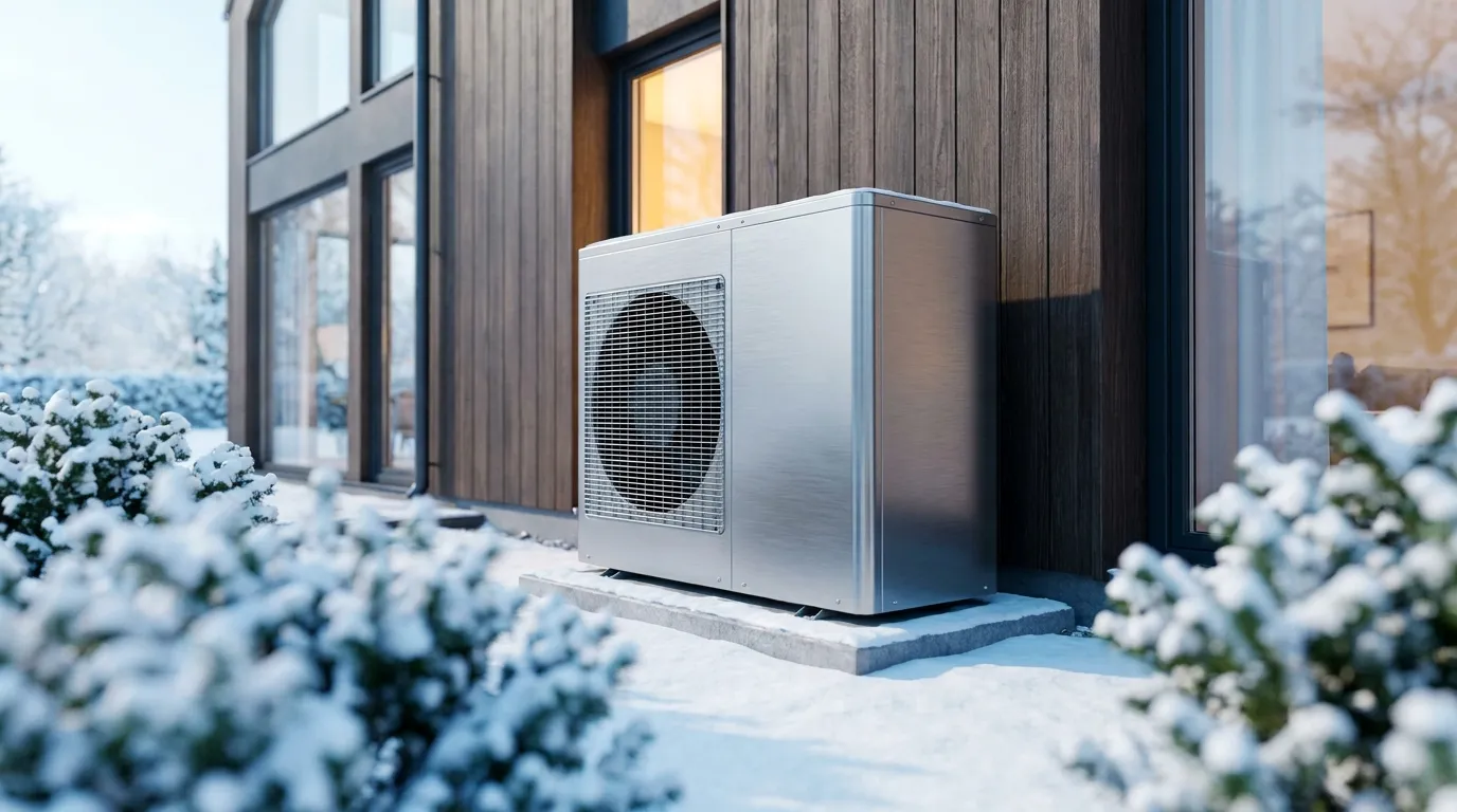 A cold-climate heat pump running beside a home in winter