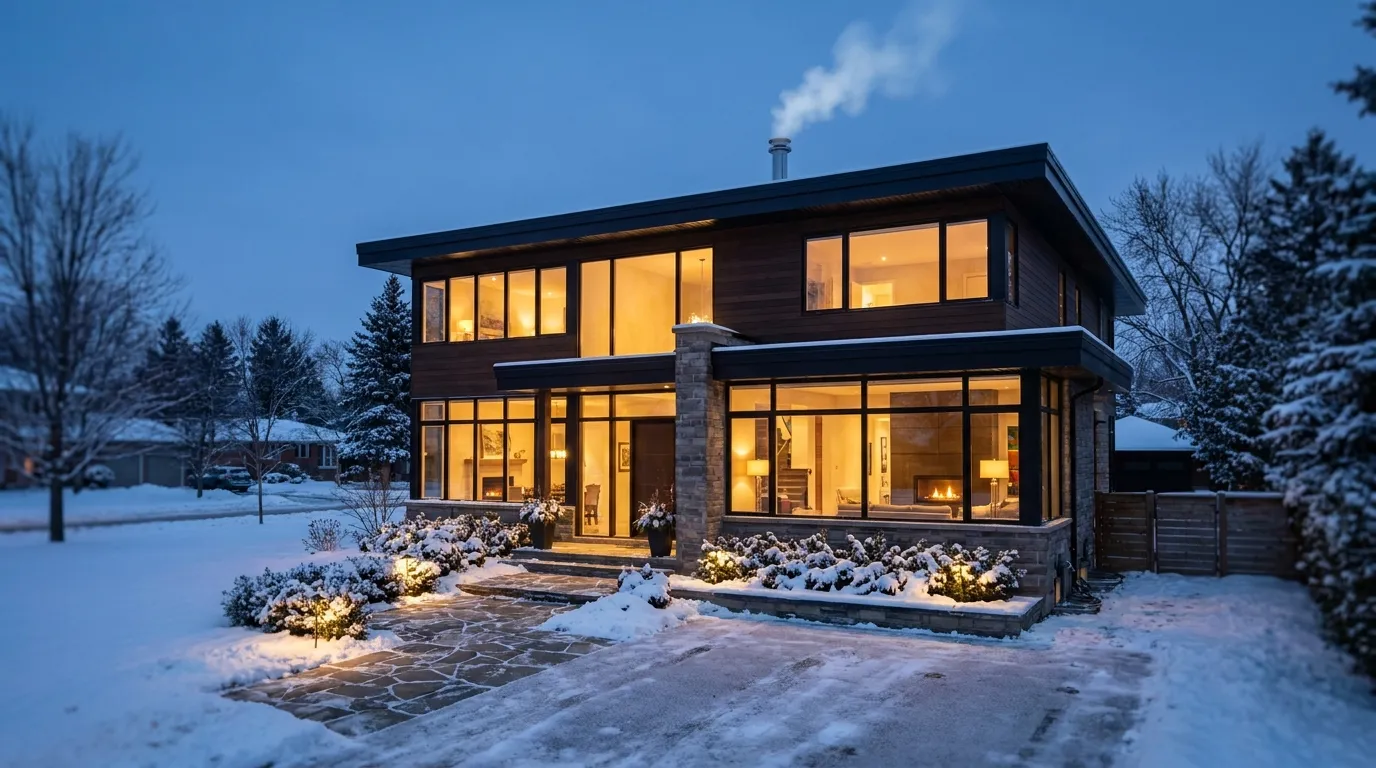 Upscale Barrie home glowing warm on a snowy winter evening