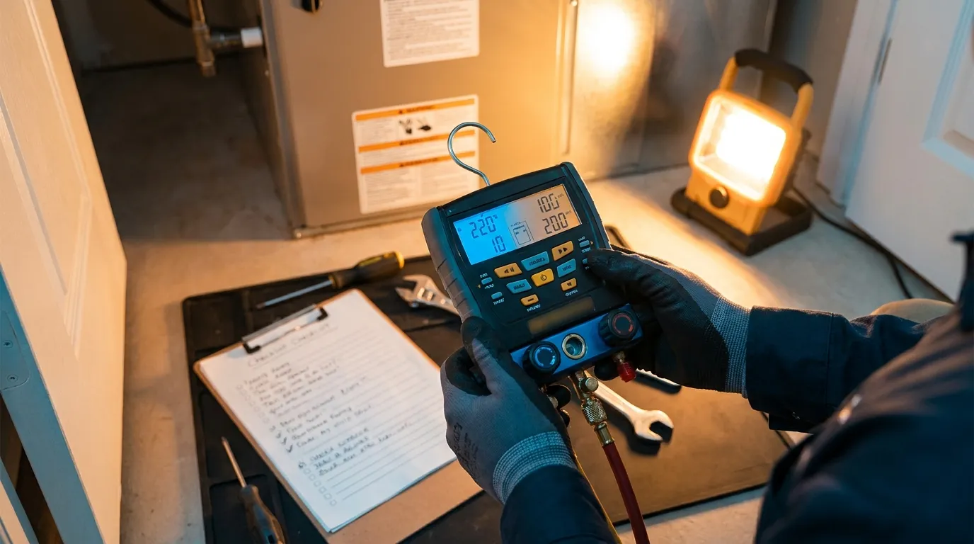 A technician performing a furnace maintenance tune-up